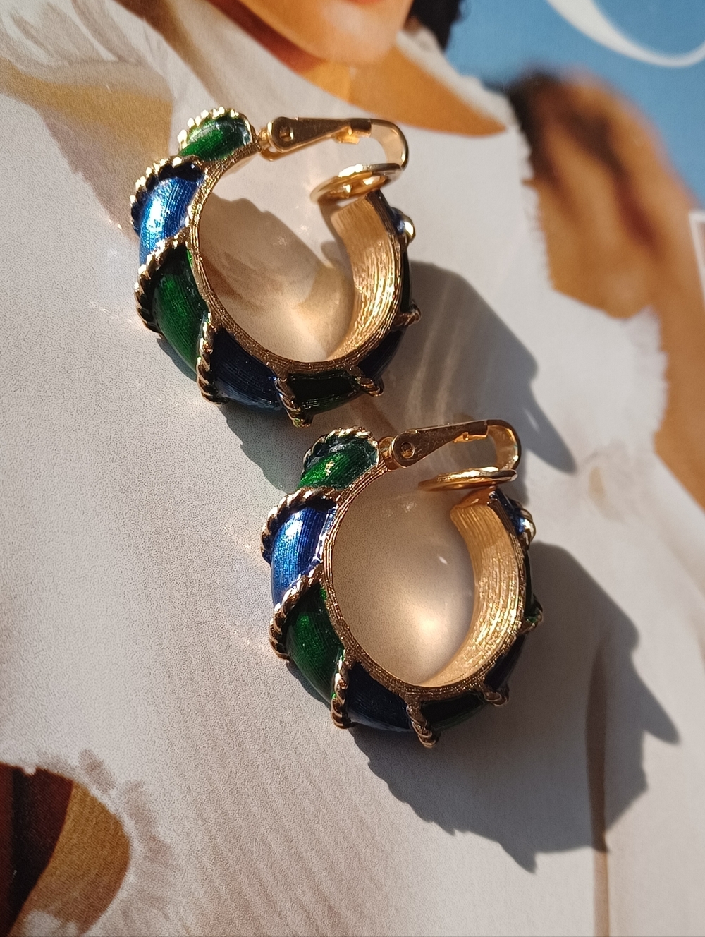 Gold Hoop Earrings with Blue and Green Enamel